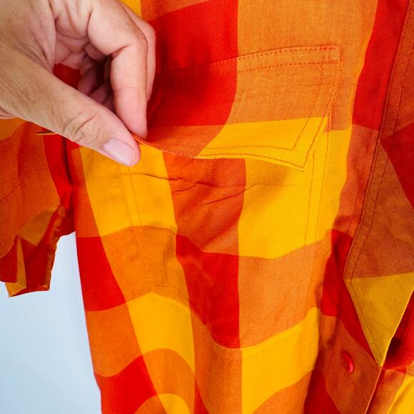 Vintage Liz Sport Rayon Button Down Orange Yellow Plaid Shirt Size Small Farm - Picture 5 of 6